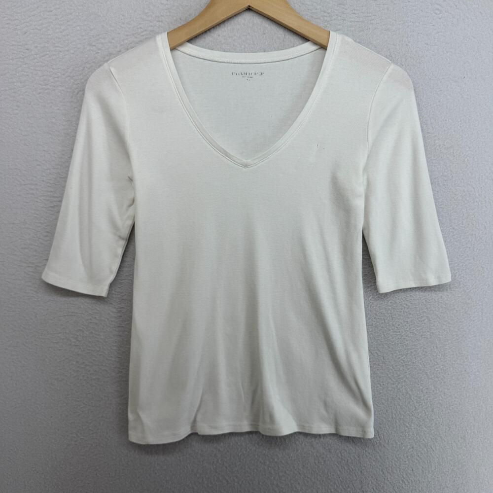 EILEEN FISHER Top XS Organic Cotton Ribbed Jersey V-Neck Elbow Sleeve White